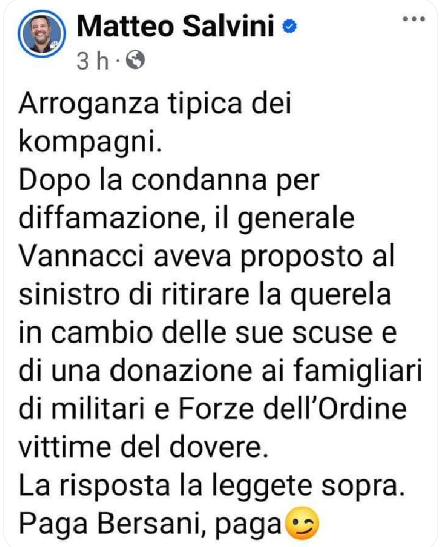 fasulo_antonio's tweet image. Infatti Pier Luigi #Bersani è stato assolto dall'accusa di diffamazione nei confronti del Generale #Vannacci.

“La condanna non può essere accolta per insussistenza giuridica, e prima ancora linguistica".

#Salvini non ne sbaglia una.

#5novembre