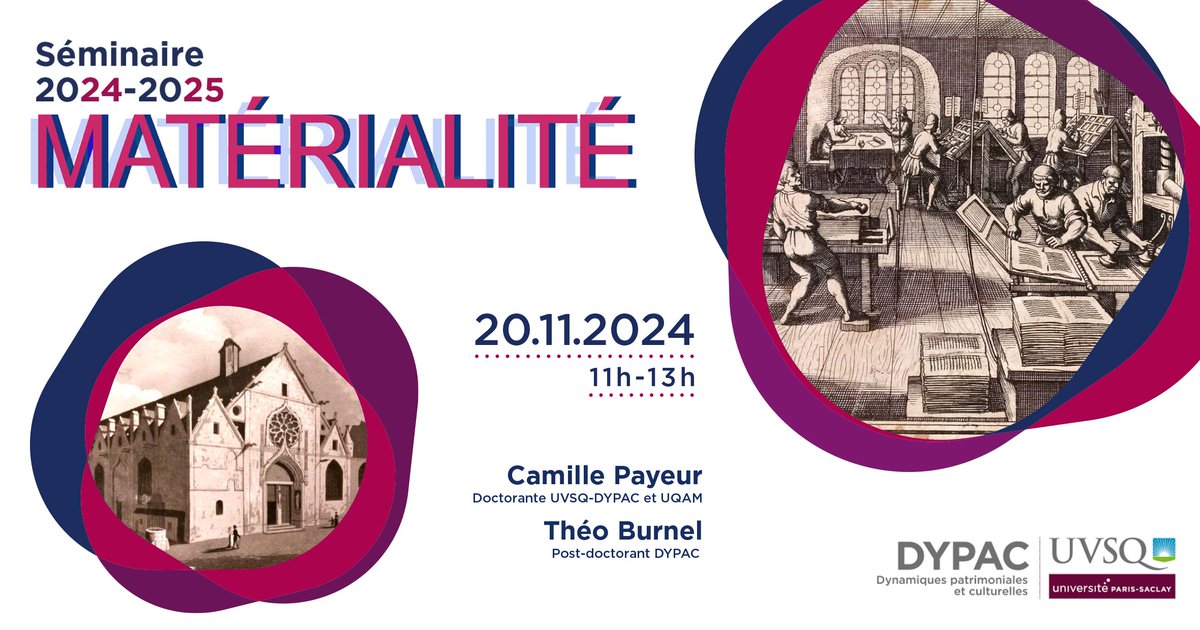 Laboratoire DYPAC (@dypacuvsq) on Twitter photo Séminaire "Matérialité" avec les laboratoires IRAMAT, LAPA et le soutien de <a href="/FSP_Patrima/">Fondation des Sciences du Patrimoine</a>
🗓️RDV le 20 nov. 2024 de 11h à 13h
Avec C. Payeur doctorante <a href="/DYPACuvsq/">Laboratoire DYPAC</a> <a href="/UQAM/">UQAM | Université du Québec à Montréal</a> et T. Burnel post-doctorant DYPAC
📍Salle 526 - 47 bd Vauban, Guyancourt
ou en visio : cutt.ly/KeDCGP4A Séminaire "Matérialité" avec les laboratoires IRAMAT, LAPA et le soutien de <a href="/FSP_Patrima/">Fondation des Sciences du Patrimoine</a>
🗓️RDV le 20 nov. 2024 de 11h à 13h
Avec C. Payeur doctorante <a href="/DYPACuvsq/">Laboratoire DYPAC</a> <a href="/UQAM/">UQAM | Université du Québec à Montréal</a> et T. Burnel post-doctorant DYPAC
📍Salle 526 - 47 bd Vauban, Guyancourt
ou en visio : cutt.ly/KeDCGP4A