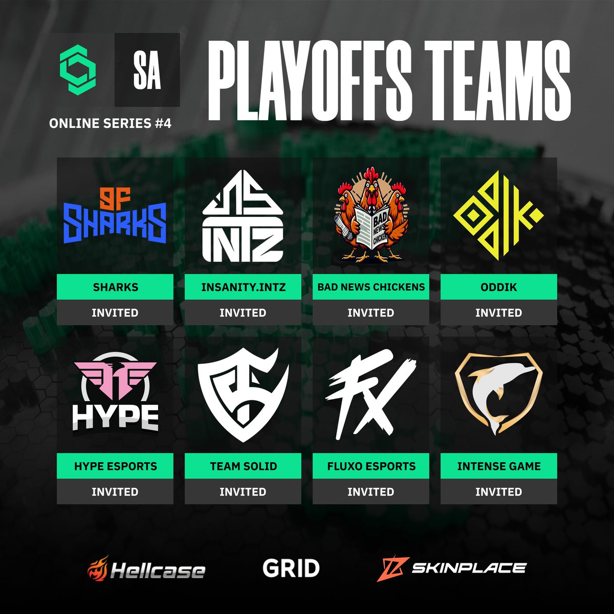 Champion of Champions Tour CS2 (@cct_cs) on Twitter photo PLAYOFFS TEAMS LOOKIN GOOD 👀
<a href="/sharksesportsgg/">9FSHARKS</a>
<a href="/insanitybrgg/">inSanitY Sports</a> <a href="/INTZ/">INTZ</a>
<a href="/BNC_gg/">Bad News Chickens</a>
<a href="/ODDIKgg/">ODDIK</a>
<a href="/gohypeclan/">Hype Esports</a>
<a href="/TeamSolid_of/">Team Solid</a>
<a href="/fluxogg/">Fluxo</a>
<a href="/intensegamegg/">Intense Game</a> PLAYOFFS TEAMS LOOKIN GOOD 👀
<a href="/sharksesportsgg/">9FSHARKS</a>
<a href="/insanitybrgg/">inSanitY Sports</a> <a href="/INTZ/">INTZ</a>
<a href="/BNC_gg/">Bad News Chickens</a>
<a href="/ODDIKgg/">ODDIK</a>
<a href="/gohypeclan/">Hype Esports</a>
<a href="/TeamSolid_of/">Team Solid</a>
<a href="/fluxogg/">Fluxo</a>
<a href="/intensegamegg/">Intense Game</a>