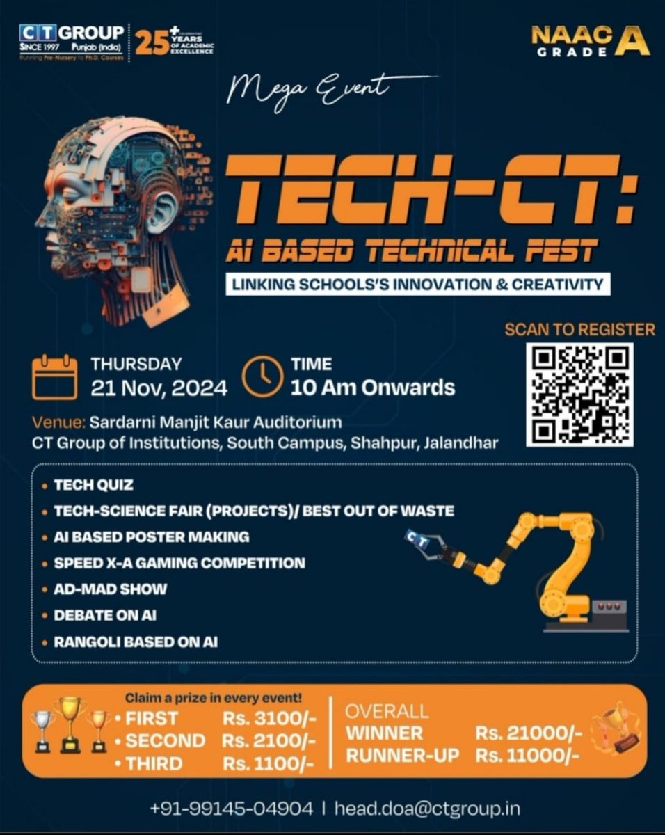 CTGroupshahpur's tweet image. Ready to push the limits of innovation? 

Join us at TECH-CT: AI-Based Technical Fest on 21 Nov! 

Compete in AI-powered events and win big—overall winner takes home Rs. 21,000! 🚀

#Ctgroup #technicalevent #cashprize #ctevents #ctgroupofinstitutions #careertransformation