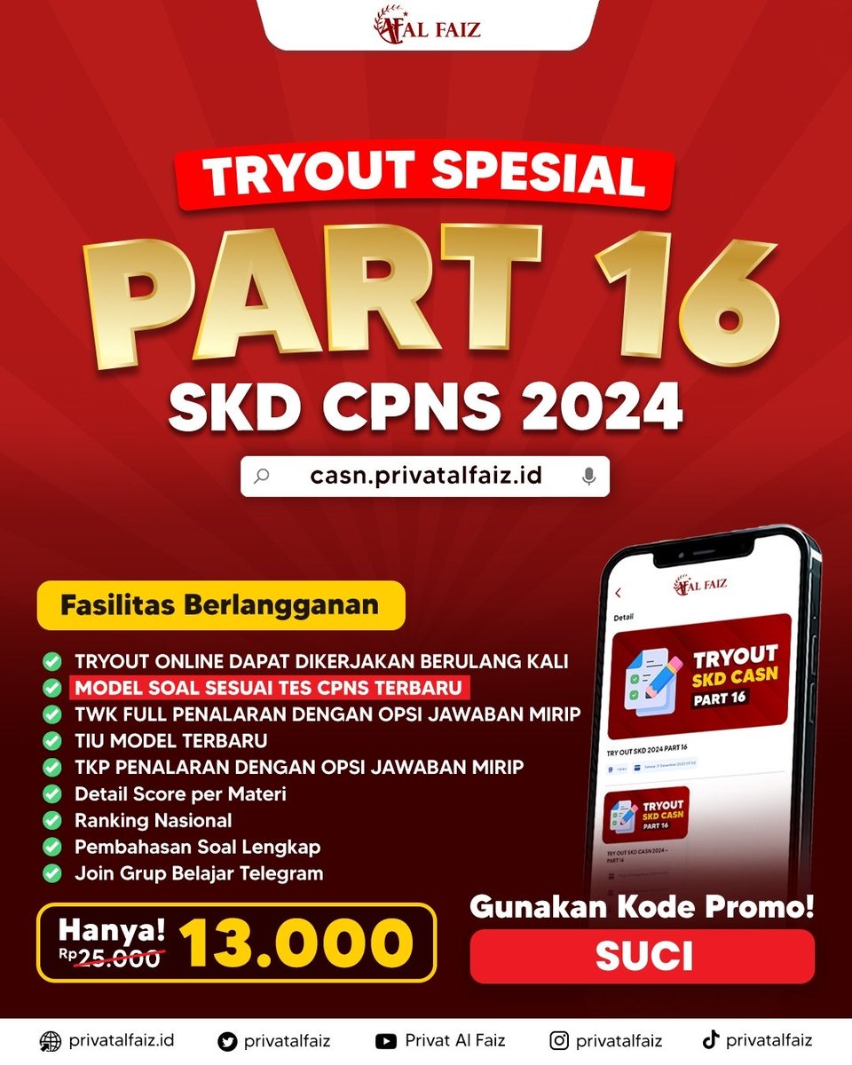 sucilalala's tweet photo. π Belum tes #CPNS2024? Yuk, coba Tryout PART 16 dari @PrivatAlFaiz! Baru rilis hari ini dengan soal terbaru, ranking nasional, dan grup belajar siap bantu kamu lolos! π―
π₯ Harga spesial Rp13.000!
Kode promo: SUCI
Daftar π https://t.co/m5sicnNy4v
#TryoutCPNS #TOCPNS https://t.co/NX0xmyMF5W