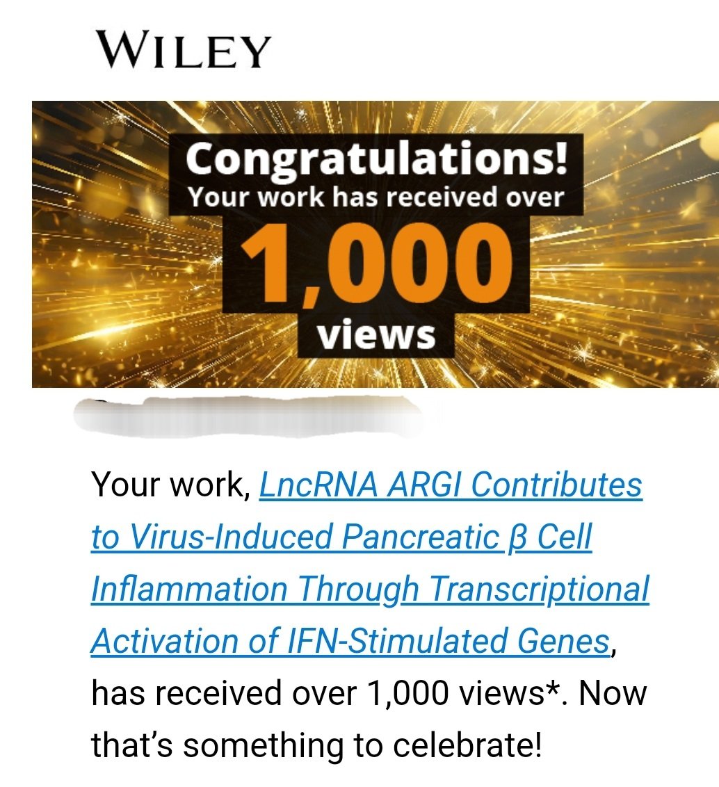 FunImmune's tweet image. Our manuscript on lncARGI characterization in pancreatic beta cell inflammation has received more than 1000 views! 🥳
Congrats to all the authors and thank you to the readers of our work! 

If you are willing to read it, download it here: onlinelibrary.wiley.com/doi/full/10.10…

#ViewsMilestone