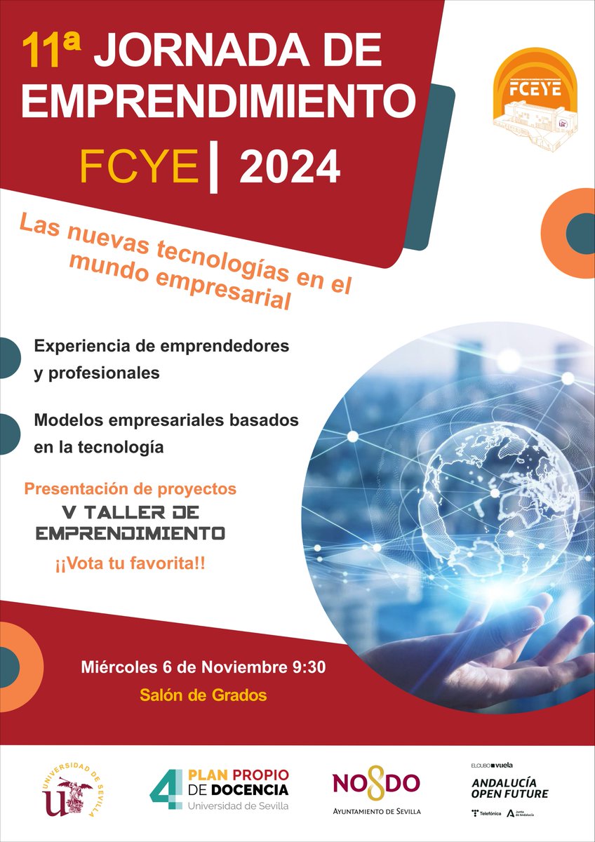 El próximo 6 de noviembre a las 9,30 en el salón de grados de la FCEYE tendrá lugar la 11ª Jornada de Emprendimiento de la FCEYE. Más información disponible aquí: fceye.us.es/noticias/jorna…
No te lo pierdas!