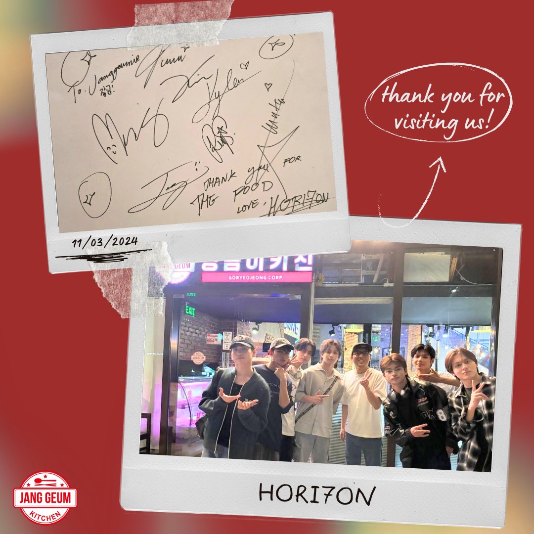 A heartfelt thank you to HORI7ON for visiting JangGeum Kitchen! ♥️

Anchors, here’s your chance to visit JangGeum Kitchen and taste the delightful dishes that HORI7ON enjoyed.
#HORI7ON #HORI7ONANCHORS #호라이즌