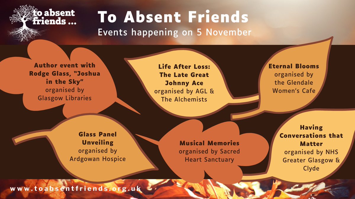 Today for #ToAbsentFriends, we have a performance by AGL &amp; the Alchemists in Edinburgh <a href="/AnnieAsEver/">Annie Gunner Logan</a>, remembrance karaoke in Kinghorn, and author <a href="/rodgeglass/">Rodge Glass</a> at the Mitchell Library <a href="/GlasgowLib/">Glasgow Libraries</a>, among many others.  
See what's on at:
toabsentfriends.org.uk/blogs/festival…
