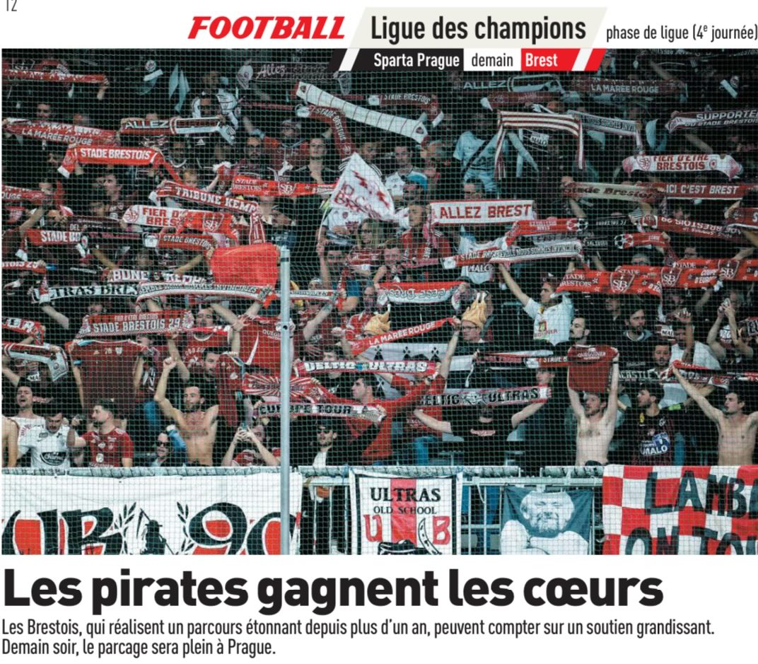 BrestOnAir's tweet photo. Papier dans l’Équipe du jour sur l’effervescence qui entoure la campagne européenne du Stade Brestois, et notamment la grande ferveur populaire, à Roudourou ou à l’extérieur. #SB29 https://t.co/iRsK9j4s7t