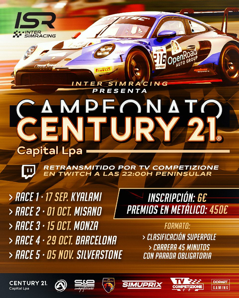 ISR (@inter_simracing) on Twitter photo Hoy finaliza el Campeonato Century 21 Capital LPA y todo sin decidir.
Después de 4 carreras, el podium de ambas categorías está aún por decidir.
Lo podréis ver a las 22h en <a href="/Tvcompetizion/">TV COMPETIZIONE</a>
Y dar las gracias a century21.es/agencias/capit… por apoyar a nuestro hobby 🫶 Hoy finaliza el Campeonato Century 21 Capital LPA y todo sin decidir.
Después de 4 carreras, el podium de ambas categorías está aún por decidir.
Lo podréis ver a las 22h en <a href="/Tvcompetizion/">TV COMPETIZIONE</a>
Y dar las gracias a century21.es/agencias/capit… por apoyar a nuestro hobby 🫶