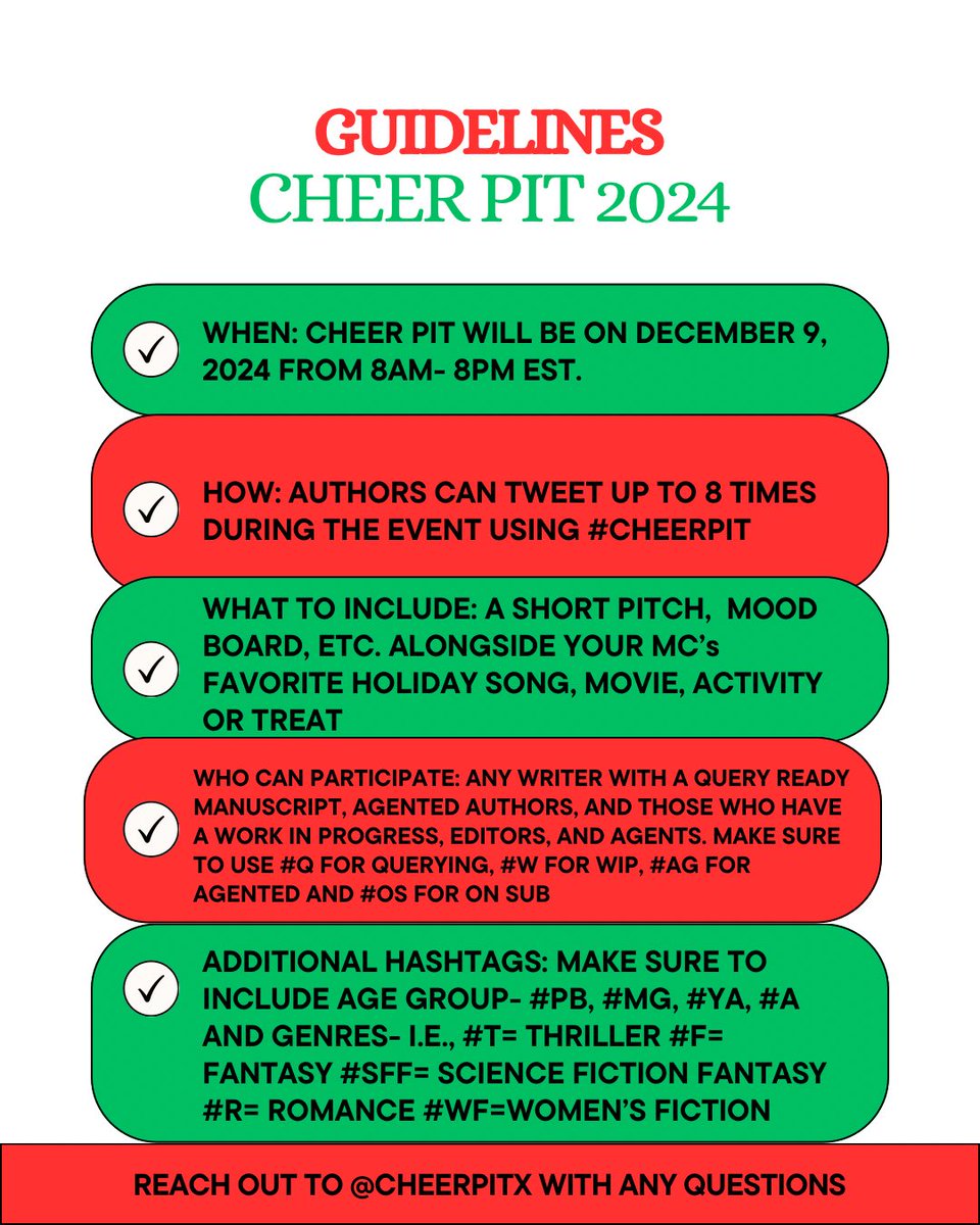Guidelines for the inaugural #CheerPit 2024 event on December 9th! 🎁

We’ve updated our guidelines to include WIPs and agented authors too! We want to show as many people the writerly love as we can 📝

Please reach out if you have any questions ❤️