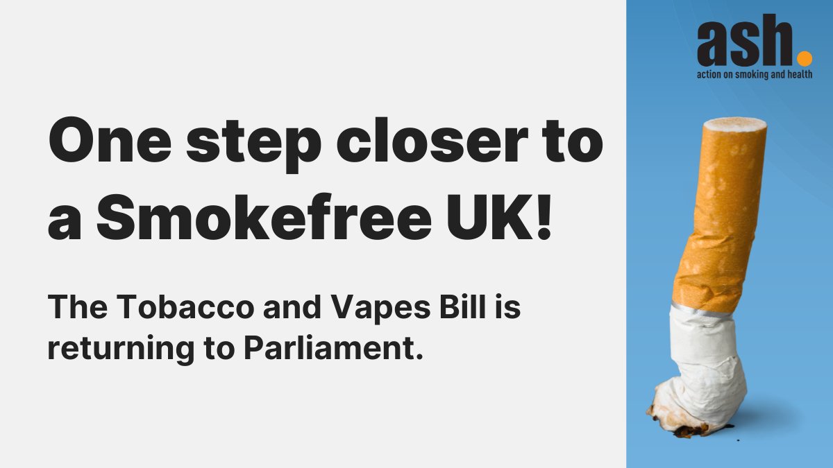 🙌Today is a landmark moment in public health: The #TobaccoAndVapesBill returns to Parliament with strong support from cross-party voters, health charities, and MPs. 

ASH welcomes this powerful step towards a #SmokefreeUK!
ash.org.uk/media-centre/n…