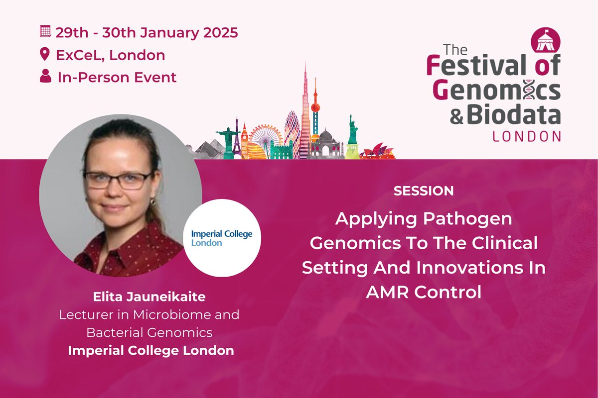 FLGenomics's tweet photo. Interested in #pathogengenomics and #AMR? Then you’ll want to hear from @ElitaJaun (Advanced Research Fellow, @ImperialCollege) at The Festival of Genomics and Biodata. Register now: https://t.co/kBTWyQxADs #FOG2025 https://t.co/mvaAyAcTPx