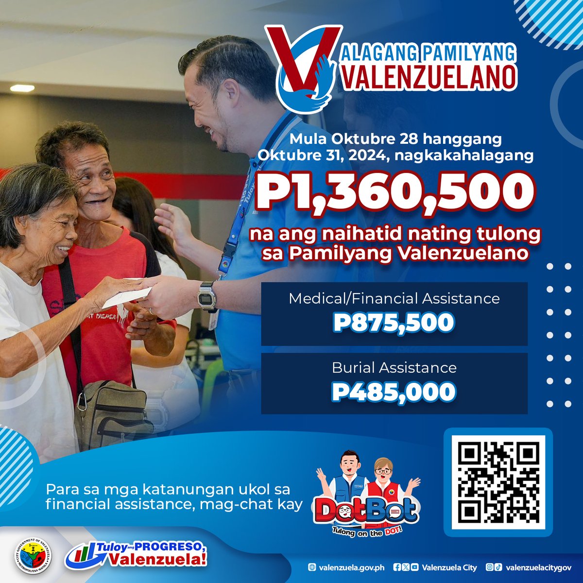valenzuelacity's tweet photo. Humigit-kumulang PHP 1.4 MILYON ang ating ipinamahaging tulong pinansyal mula Oktubre 28 hanggang Oktubre 31, 2024! 💙 

Tuloy-tuloy pa rin ang #AlagangPamilyangValenzuelano! Para sa impormasyon ukol sa pag-aapply para sa medical/financial o burial assistance, i-chat si #DotBot: https://t.co/oCYGuMlUBb
