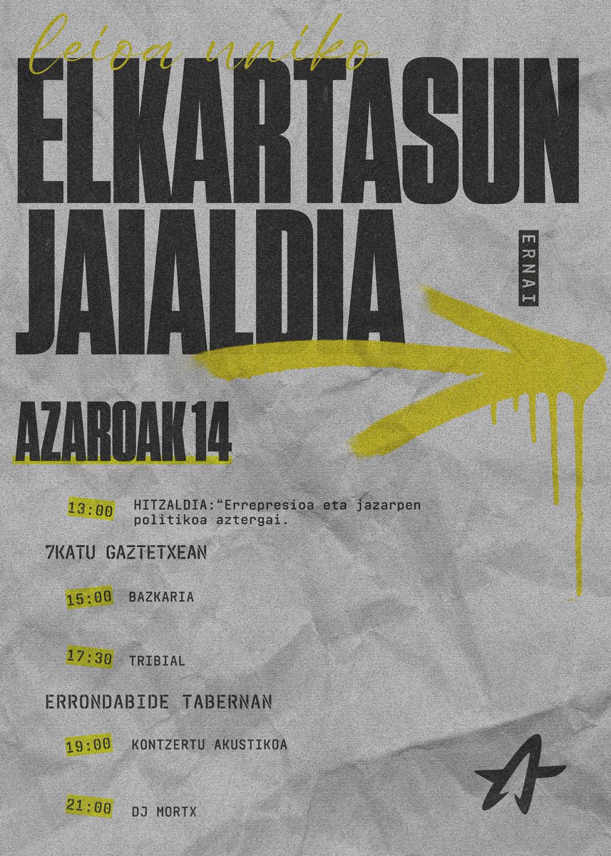 Aupa ikasle!❤️‍🔥
Ernai desagerrarazi nahi duten honetan, inoiz baino gehiago behar dugu gazteri independentistaren indarra. Honetarako, datorren ostegunean elkartasun jaialdia prestatu dugu, guztiok bat eginez, independentziarako bidea egiten jarraitu dezagun.
Animatu!