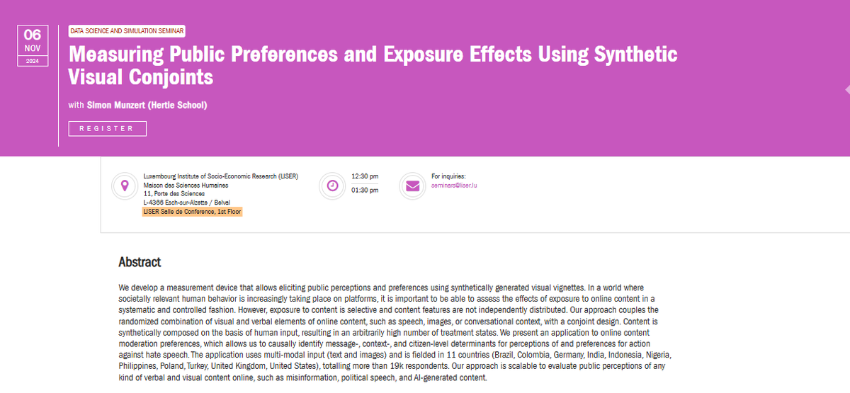 📣 Upcoming Data Science &amp; Simulation (DSS) Seminar.

🗣️ Prof. <a href="/simonsaysnothin/">Simon Munzert</a> of <a href="/thehertieschool/">Hertie School</a> will present "Measuring Public Preferences and Exposure Effects Using Synthetic Visual Conjoints".

🗓️ November 6 from 12h30-13h30 at <a href="/LISERinLUX/">LISER</a> 🇱🇺

🔗 liser.lu/?type=module&i…