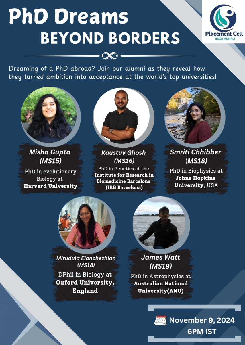 BIG EVENT!!!
Join us for an exclusive Alumni Panel Discussion on PhD Opportunities Abroad – a unique chance ! Our accomplished alumni, now PhD scholars and researchers at prestigious institutions worldwide, are ready to share their experiences, insights and much more.<a href="/IiserMohali/">IISER Mohali</a>