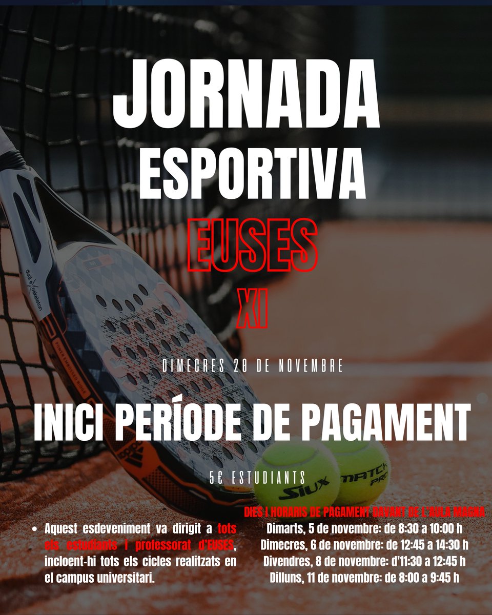 XI Jornada Esportiva (20 de novembre).

Us recordem que les inscripcions estan obertes fins a l’11 de novembre i que el pagament serà en metàl·lic (5€ per participant) davant de l’Aula Magna🏃‍♂️🏐🏋️‍♀️ 

👉 Inscriu-te via online (docs.google.com/forms/d/e/1FAI…).
