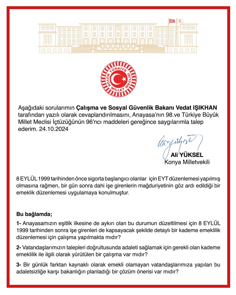 muratdursun1453's tweet photo. Sigorta başlangıcı 8 Eylül 1999 sonra olanların EYT kapsamına alınması konusunda yaşanan sorunlara ilişkin yazılı soru önergesi Konya Milletvekilimiz Ali Yüksel tarafından TBMM'ye sunulmuştur. https://t.co/Nt446jhCsX