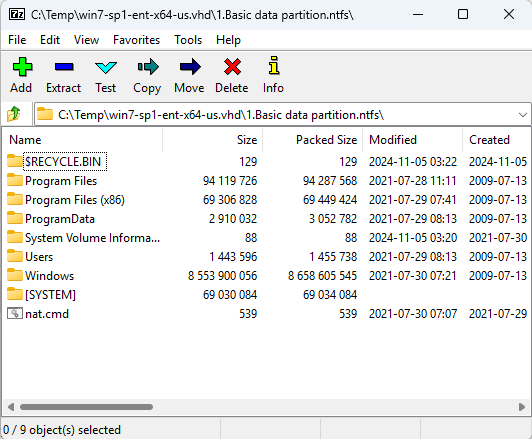 nyxgeek's tweet image. Did you know that 7z can browse .VHD and .VMDK files? You can open them right up, and even directly browse ntfs filesystems.
On a pentest and find a bunch of disk images? Copy the SAM/SECURITY/SYSTEM hives directly from the images, no mounting, copying, or fussing around.