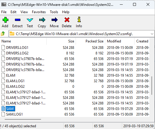 nyxgeek's tweet image. Did you know that 7z can browse .VHD and .VMDK files? You can open them right up, and even directly browse ntfs filesystems.
On a pentest and find a bunch of disk images? Copy the SAM/SECURITY/SYSTEM hives directly from the images, no mounting, copying, or fussing around.
