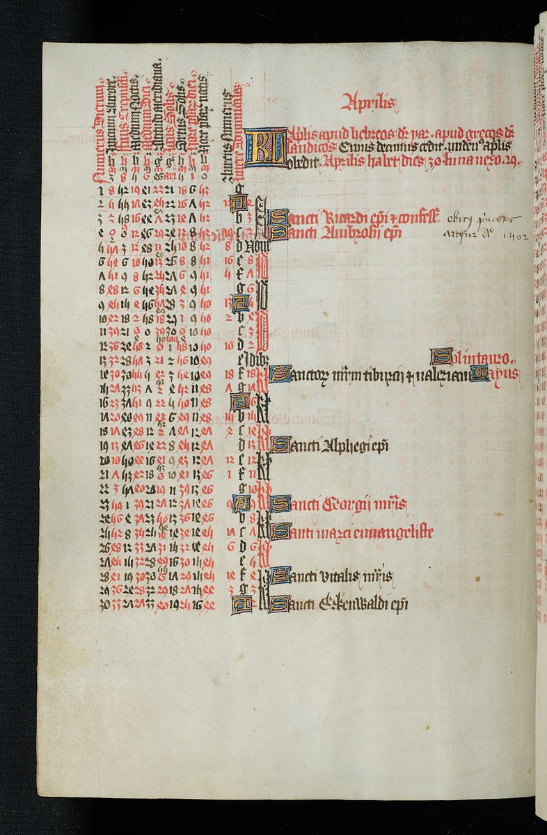 The calendar in SJC MS 82 includes several additions, such as these entries marking the deaths of Elizabeth of York on 11 February 1502, and Prince Arthur on 2 April 1502. The whole manuscript will be available to view on Digital Bodleian soon.