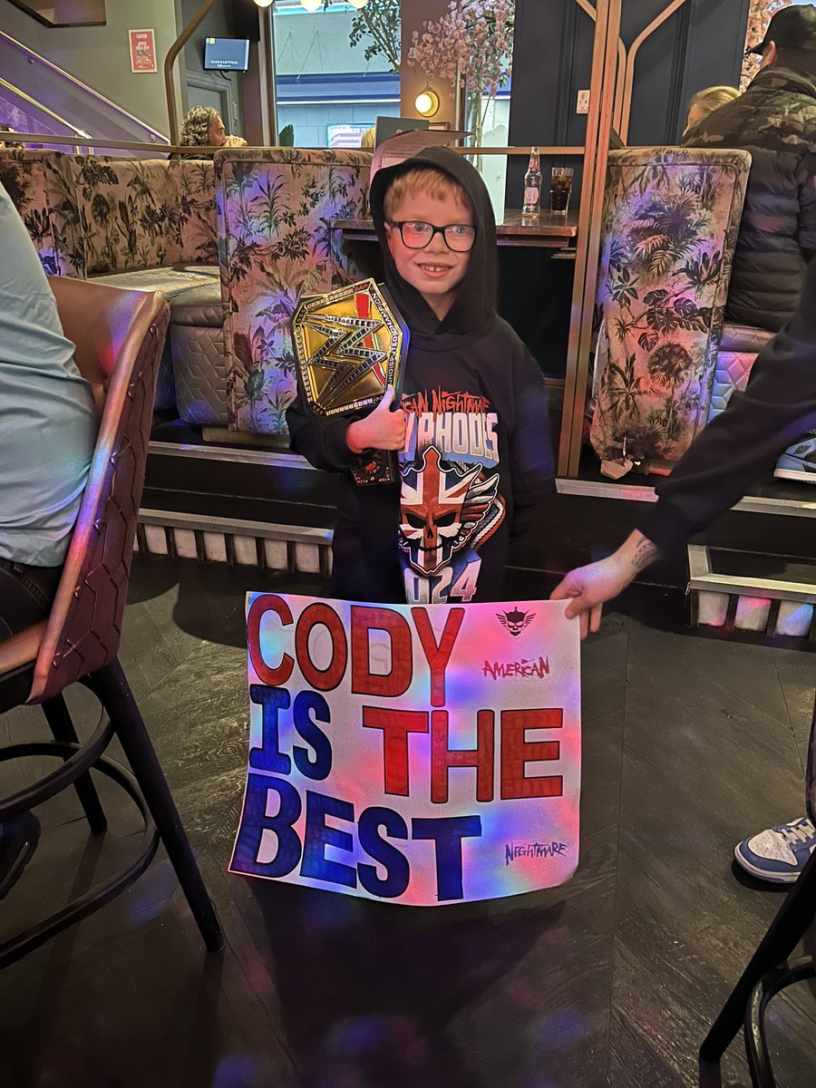 BIFFA86's tweet photo. Had the best night at #WWELondon
But made even better with the look on my little boys face when #CodyRhodes came out. https://t.co/nxEs49aXQF