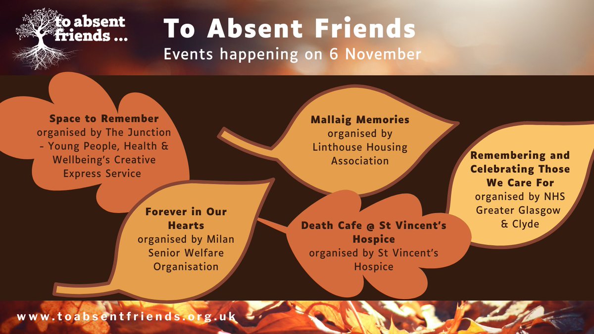 Tomorrow for #ToAbsentFriends, we have an event for young people <a href="/TheJunction_YP/">The Junction</a>, a death cafe <a href="/StVincentsHosp/">St. Vincent's Hospice</a>, and remembrance for service users  <a href="/MilanSwo/">milan (swo)</a>.
To find out what else is on, and lots more ways to take part, visit our website:
toabsentfriends.org.uk