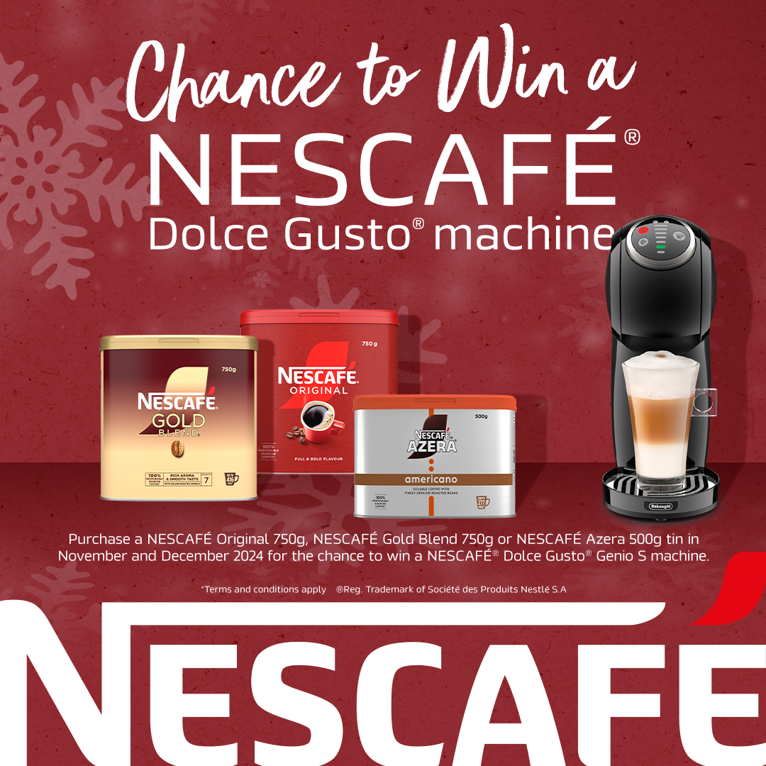 ✨ Win a Dolce Gusto Machine! ✨

This November and December, each purchase of Nescafe Original 1kg or Nescafe Gold Blend 750g gets you a chance to win a Dolce Gusto machine! ☕ Elevate your coffee experience with every entry—don't miss out!

#WinWithNescafe