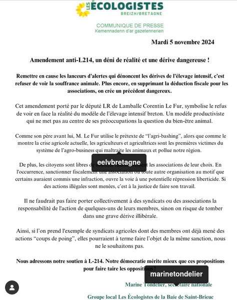 Eelv_SBrieuc22's tweet photo. Notre réaction à l’amendement anti-L214 du député @CorentinLeFur , avec le soutien de notre secrétaire nationale @marinetondelier 
Nous adressons notre soutien à #L214
Notre démocratie mérite mieux que ces propositions pour faire taire les oppositions ! https://t.co/jXuyNOzdSZ