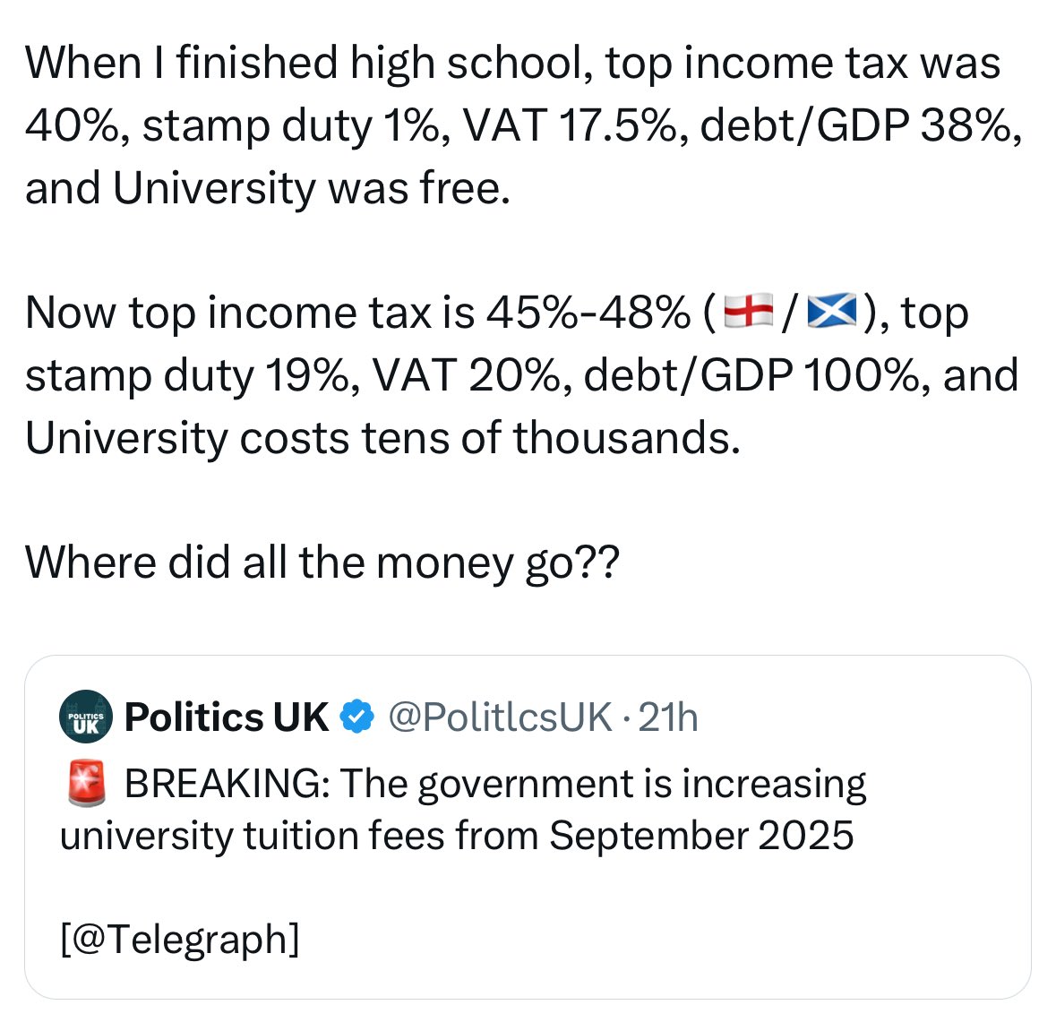There are basically three facts in British politics:

1) North Sea oil has gone.
2) The dependency ratio is going to rise.
3) We won’t build things.

This explains everything.