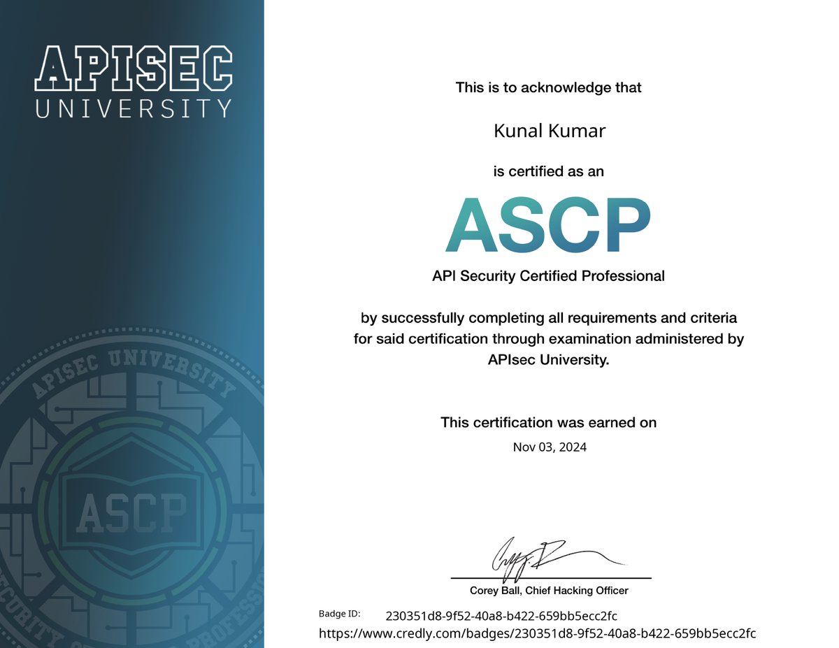 l1v1n9h311's tweet image. 🎉 Excited to share that I&apos;ve passed the ASCP exam and officially earned the API Security Certified Professional (ASCP) certification! from @apisecu 
Thank you @shelbygrace84 for providing me the exam voucher.
I will write detailed review on this certification soon.
#ascp #apisec