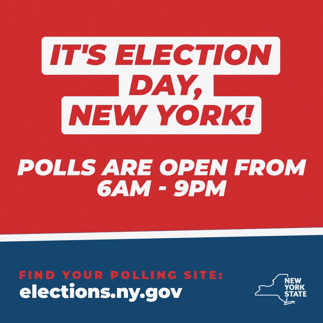 Happy Election Day! 

Polls are open until 9:00pm. Find your Election Day polling place: voterlookup.elections.ny.gov