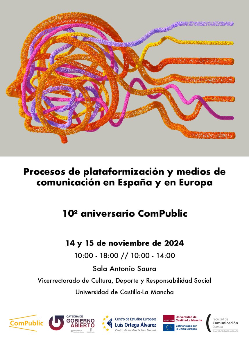 compublic_uclm's tweet photo. 🗓️ 14-15 de noviembre

𝐂𝐨𝐧𝐠𝐫𝐞𝐬𝐨 𝐂𝐨𝐦𝐩𝐮𝐛𝐥𝐢𝐜 | 𝟏𝟎º 𝐚𝐧𝐢𝐯𝐞𝐫𝐬𝐚𝐫𝐢𝐨:
Procesos de plataformización y medios de comunicación en España y en Europa.

📍 Sala Antonio Saura, @ViceCuencaUCLM, Campus de Cuenca

#ComPublic #Plataformización https://t.co/rI0xWY3jcU