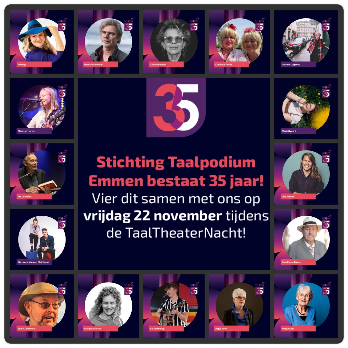 Welkom in Emmen! 

Info en tickets à € 10,00 (jongeren t/m 21 jaar gratis) op

facet-emmen.nl/taaltheaternac…

Taal- en Theaterfeest: schrijvers, dichters, spoken word, singersongwriters, kleinkunst en meer…..