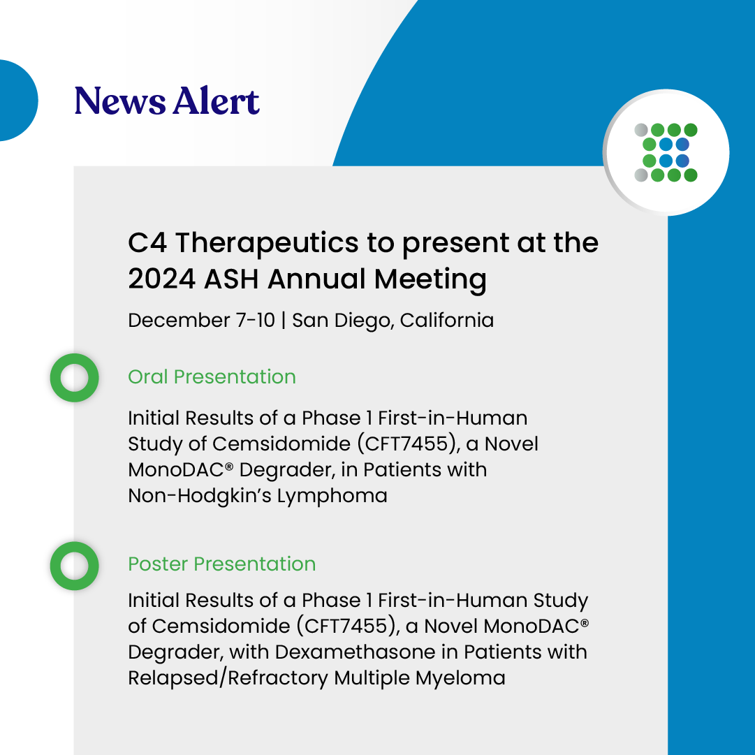 C4Therapeutics's tweet photo. At the @ASH_hematology Annual Meeting in December we will present data from the ongoing Phase 1/2 trial of cemsidomide in multiple #myeloma and non-Hodgkin’s #lymphoma. Learn more in our latest release: https://t.co/VNWh92Tzkq #ASH24 https://t.co/sFE4AgkKpF
