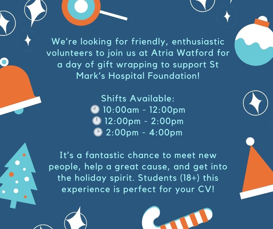 BowelsOfStMarks's tweet image. Volunteer Opportunity: Charity Gift Wrapping at Atria Watford. Email info@stmarkshospitalfoundation.org.uk or send us a DM for more details! Come enjoy the festive buzz at Watford, do a little shopping, and make a difference with us! #WeAreStMarks #christmasvolunteering