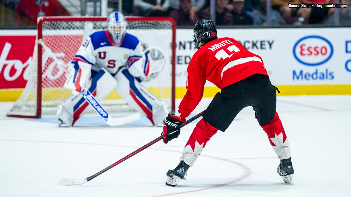 Pierce Mbuyi (<a href="/AttackOHL/">Owen Sound Attack</a>) potted a goal and an assist, one of several #OHL players to find the scoresheet in Canada Red's 6-3 win over the United States to clinch top spot in Group B at the #WorldU17 Hockey Challenge in Sarnia on Monday 🇨🇦

RECAP 📰: tinyurl.com/3b2jp882