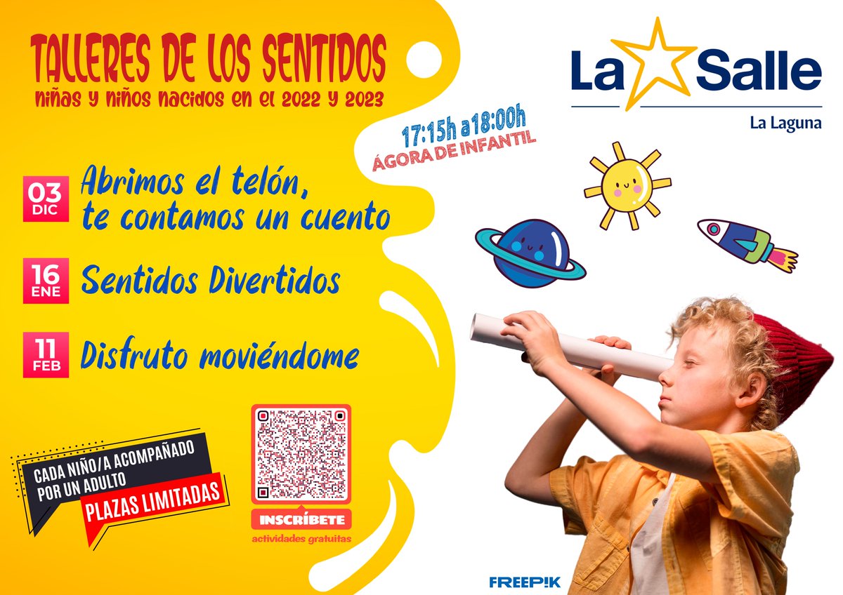 🌟¡TALLERES DE LOS SENTIDOS GRATUITOS!🌟

🗓️ Martes 3 de diciembre: "Abrimos el telón, te contamos un cuento".
🗓️ Jueves 16 de enero: Sentidos Divertidos
🗓️ Martes 11 de febrero: Disfruto moviéndome

🥰Reserva tu plaza aquí: docs.google.com/.../1FAIpQLSdJ…

#LaSalle #LaSalleLaLaguna