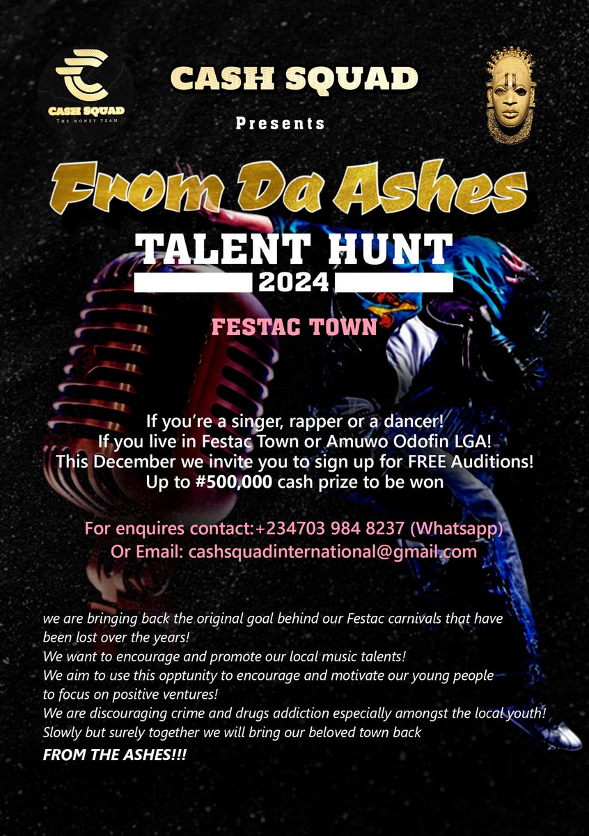 FestacRadio77's tweet photo. Festac are you ready for the biggest Music competition!

If you know you can Sing or Rap, come showcase your Talent at this coming Talent Hunt.

Don’t miss out, get your game ready and be part of a life time opportunity. https://t.co/3QBRxt2VYN