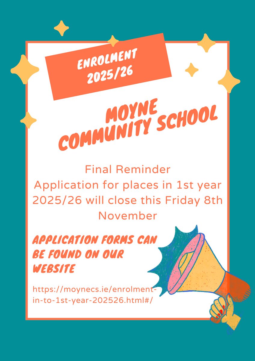 Final reminder. Applications for places in 1st year for 2025/26 close this Friday 8th November. Please ensure your application is fully complete and in on time.