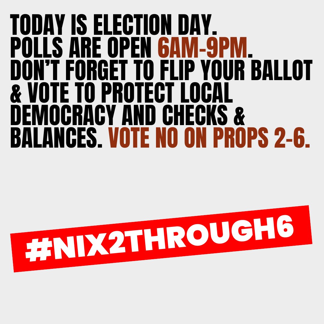 Good Morning #NYC! #ElectionDay is here &amp; polls open soon. Find your findmypollsite.vote.nyc If you have a mail/absentee ballot, today is also the deadline to return it. 

Flip your ballot &amp; vote NO on Props 2-6, Mayor Adam’s deceptive attempt to grab more power.

#Nix2Through6