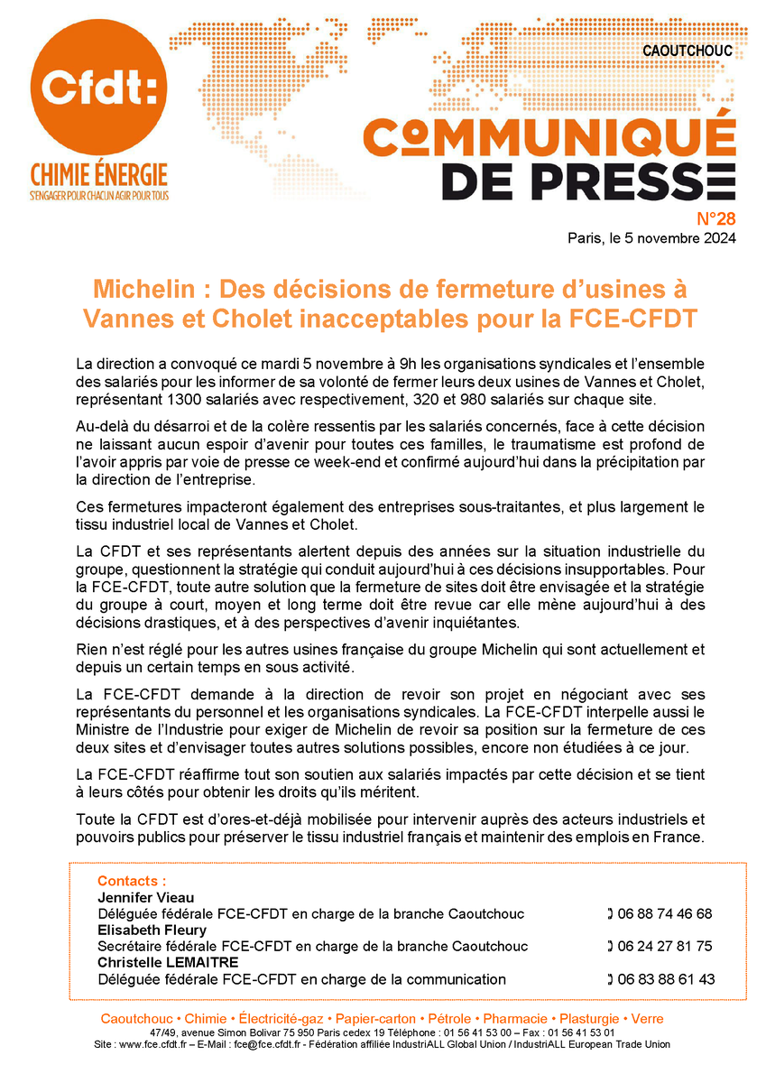 FCE-CFDT (@fce_cfdt) on Twitter photo Michelin : Des décisions de fermeture d’usines à Vannes et Cholet inacceptables pour la FCE-CFDT fce.cfdt.fr/michelin-des-d… <a href="/cfdt/">CFDT</a> <a href="/fcegroupejeunes/">fcegroupejeunes</a> <a href="/CfdtElles/">Cfdt’Elles</a> #michelin #emploi #restructuration #usine #fermeture Michelin : Des décisions de fermeture d’usines à Vannes et Cholet inacceptables pour la FCE-CFDT fce.cfdt.fr/michelin-des-d… <a href="/cfdt/">CFDT</a> <a href="/fcegroupejeunes/">fcegroupejeunes</a> <a href="/CfdtElles/">Cfdt’Elles</a> #michelin #emploi #restructuration #usine #fermeture