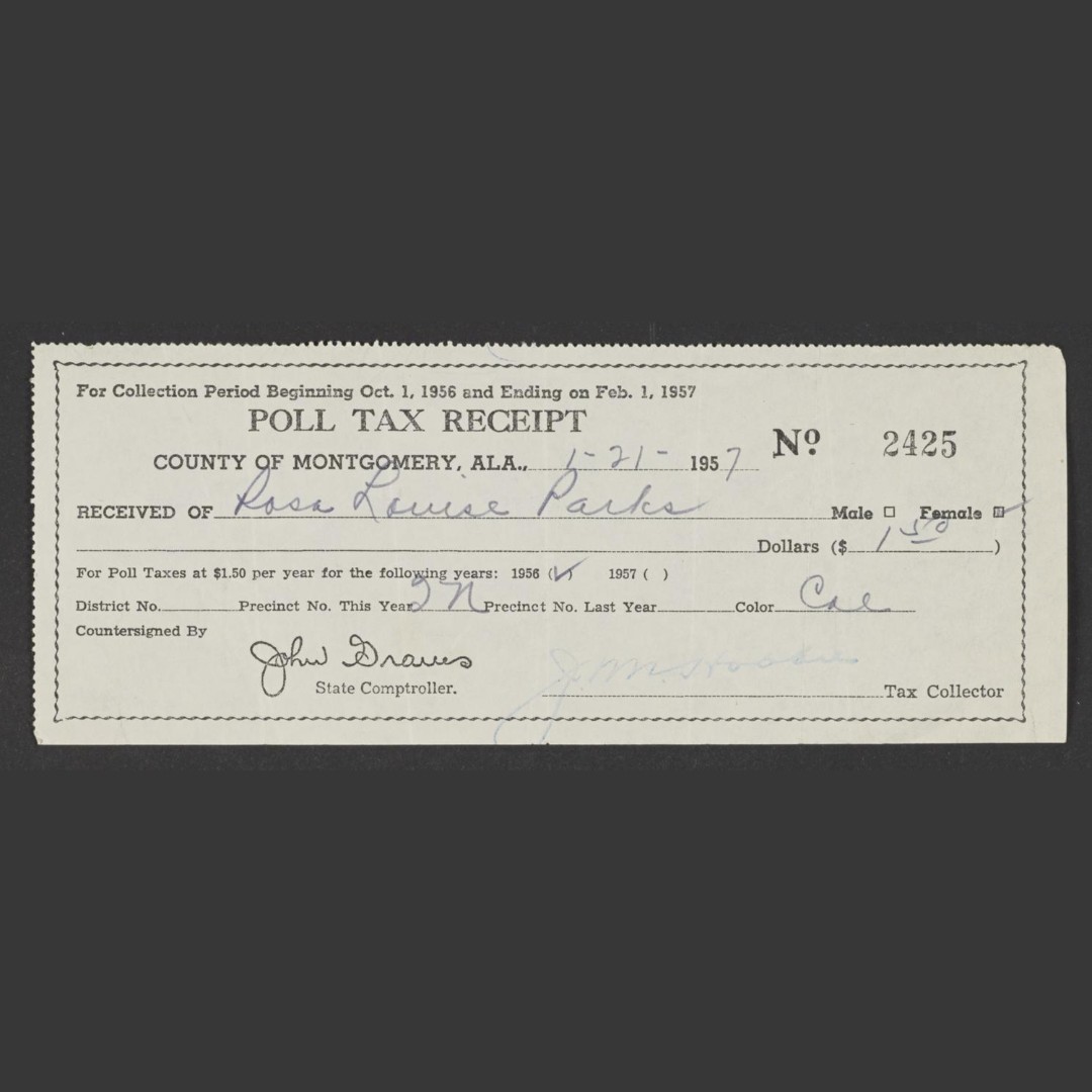 Something to ponder as you head out to vote today, for free. In the Library's Rosa Parks Papers collection, there's a receipt for the poll tax she had to pay to vote in Alabama in 1956. Poll taxes, a Jim Crow-era voter suppression tool, were not abolished federally until 1964.