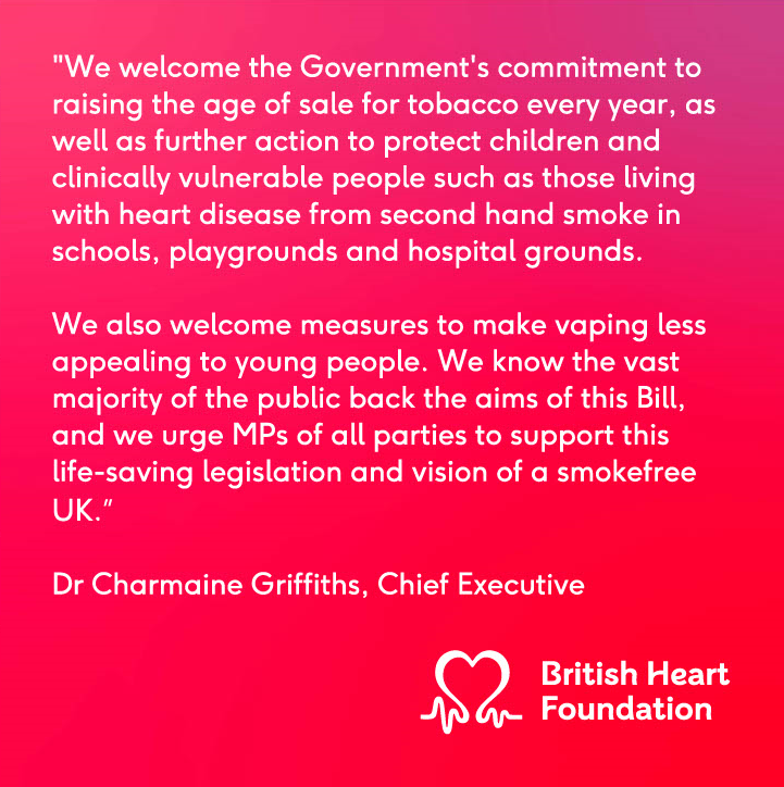 Delighted to see the Tobacco and Vapes Bill for a #smokefreeUK being reintroduced to Parliament today – not a moment too soon ❤️