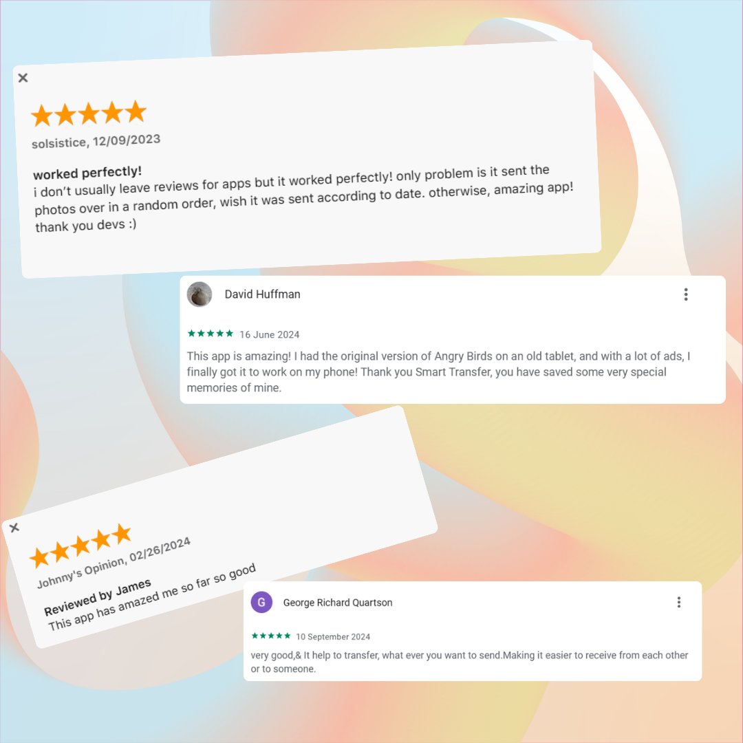 USSmartTransfer's tweet image. Real reviews are in, and users are loving Smart Transfer! From saving memories to seamless sharing, we’re making data transfer easier than ever. 🥳📲 Try it today and see the difference! 
smarttransferapp.com 
#SmartTransfer #AppReview #EffortlessTransfer