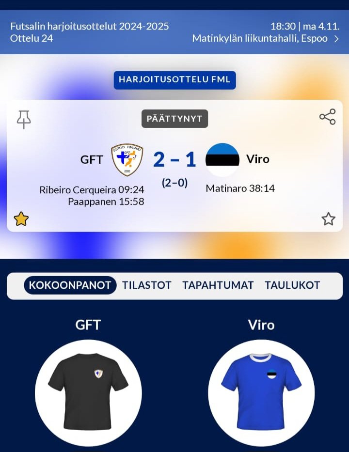 ToTe_Futsal's tweet photo. GFT:n ja Eestin futsal maajoukkueen 2.harjoitusottelu pelattiin Espoossa 4.11.2024

GFT:n voittomaaliksi jääneen 2-1 osuman laukoi Erno Paappanen.

#futsalfi https://t.co/YNXlo3buXk