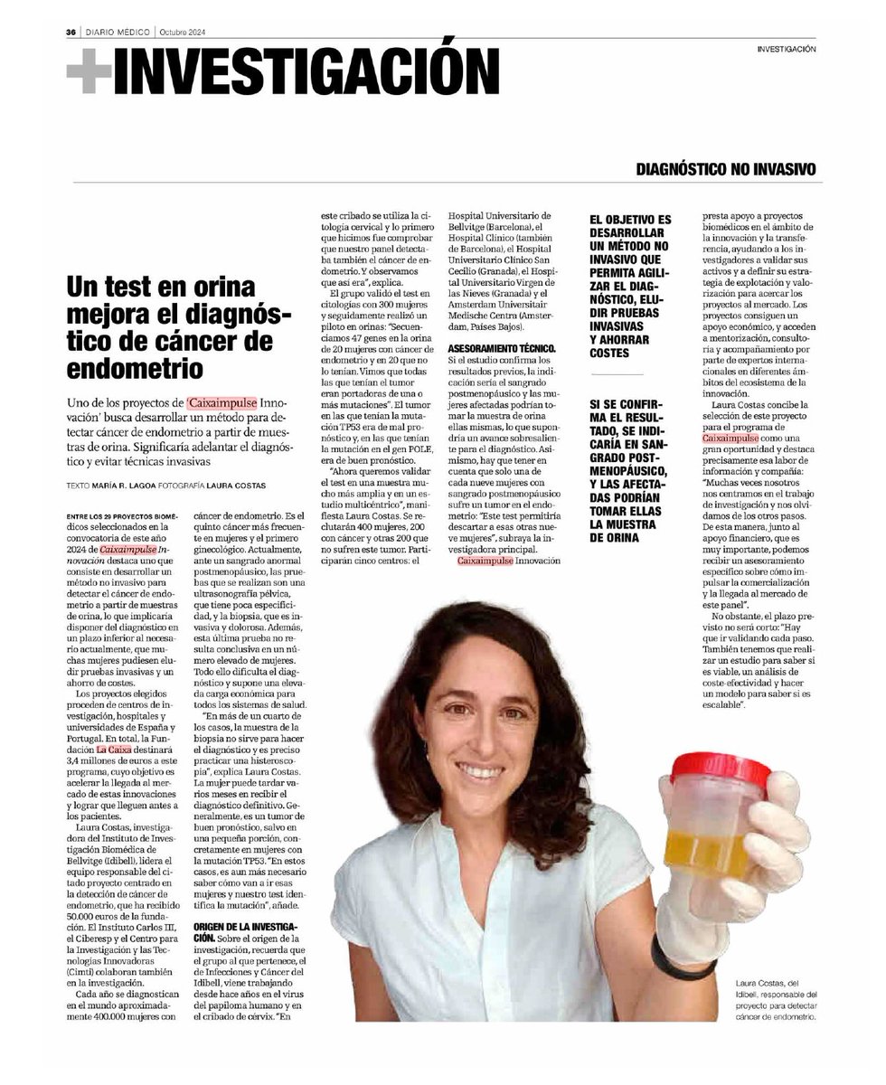 Los métodos de diagnóstico del cáncer de endometrio, el 5º➕común en mujeres, suelen ser invasivos y ⬇️ específicos.

Con una ayuda #CaixaImpulse Innovación, <a href="/Laura_Costas_Ct/">Laura Costas Caudet</a> desarrollará una herramienta no invasiva para detectarlo con un análisis de orina.

🗞️ <a href="/diariomedico/">Diario Médico</a>. 👇