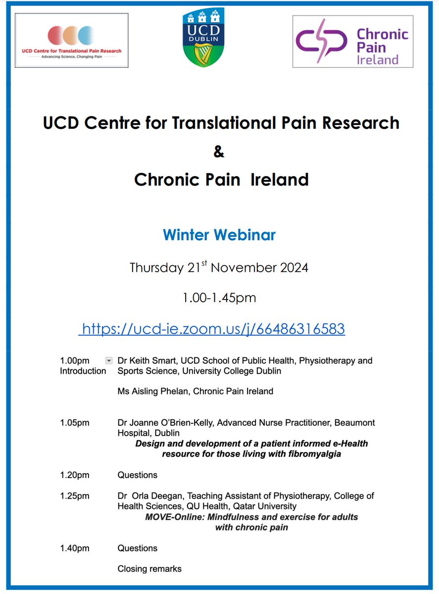 UCD Pain Centre (@ucd_ctpr) on Twitter photo Join our winter webinar on e-health technologies for people living with pain <a href="/ChronicPainIRL/">Chronic Pain Ireland. RCN 20028022</a> <a href="/IrishPainSoc/">Irish Pain Society</a> @ucd <a href="/KeithMSmart/">Keith Smart</a> <a href="/joanneOBKelly/">Joanne O’Brien (Kelly)</a> Join our winter webinar on e-health technologies for people living with pain <a href="/ChronicPainIRL/">Chronic Pain Ireland. RCN 20028022</a> <a href="/IrishPainSoc/">Irish Pain Society</a> @ucd <a href="/KeithMSmart/">Keith Smart</a> <a href="/joanneOBKelly/">Joanne O’Brien (Kelly)</a>