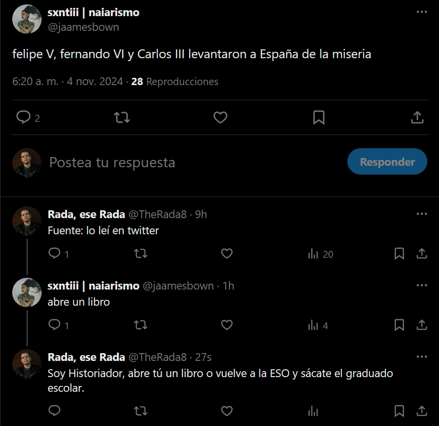 Me flipa bastante el tema de los chavales de 16 años siendo defensores de la monarquía (e indagando un poco en su TL, un nazi). Ya no es ola reaccionaria, es un tsunami.