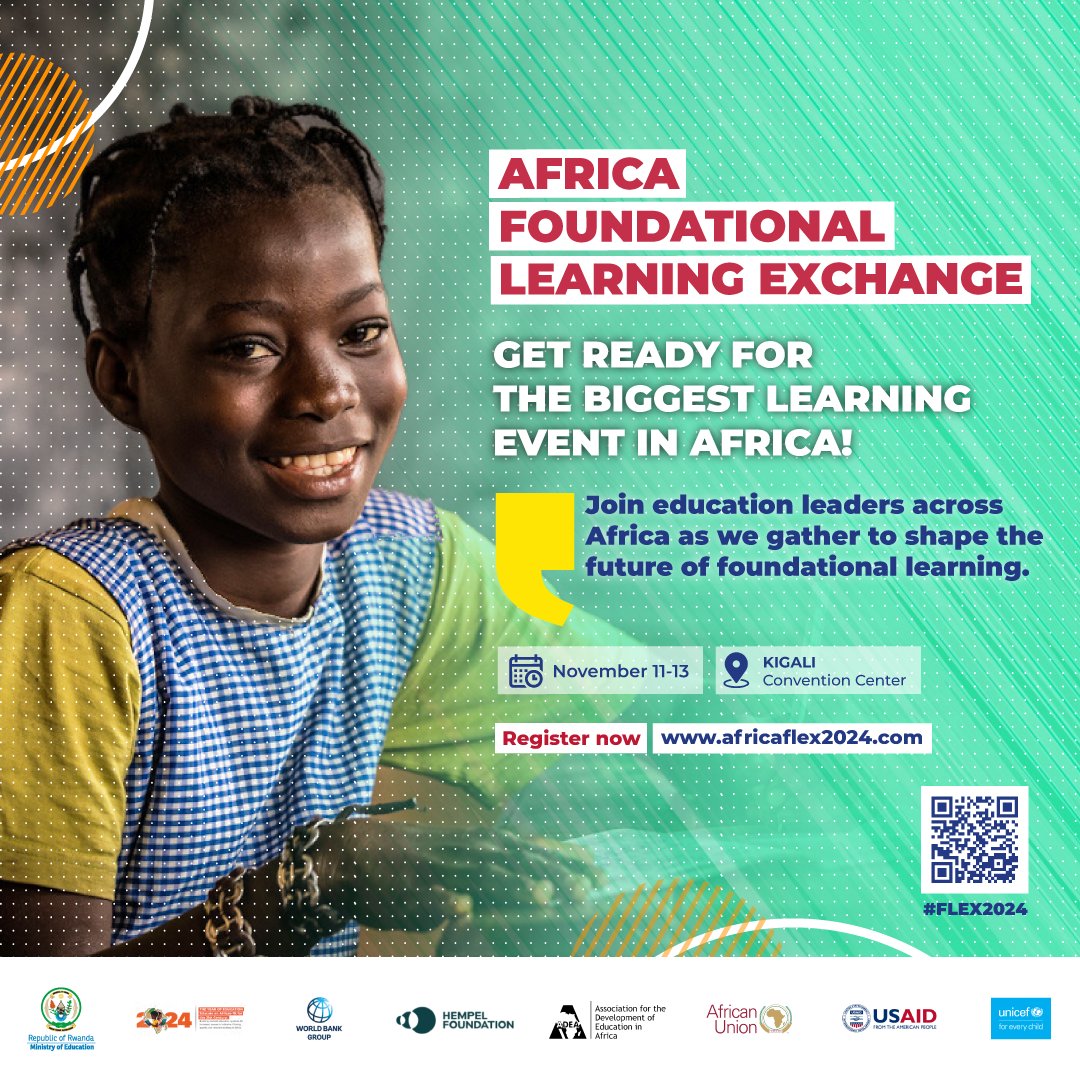 WB_Rwanda's tweet photo. Africa’s largest event on foundational learning is coming to #Kigali next week! 📚✨

Join us at #FLEX2024 in Kigali, Rwanda, from Nov 11-13.

🔗 Sign up today: https://t.co/Zy4LjysvTH  Use code 102 to register

#FoundationalLearningAfrica https://t.co/bOgeLYr9NH