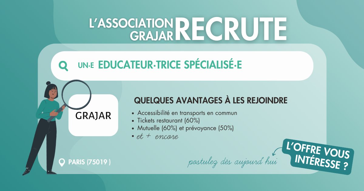 Staffsocial's tweet photo. 📣 L'association Grajar recrute un ou une éducateur/éducatrice spécialisé·e dans les 18 et 19e arrondissement de Paris !

#Recrutement #educspé https://t.co/OREh53gBtl