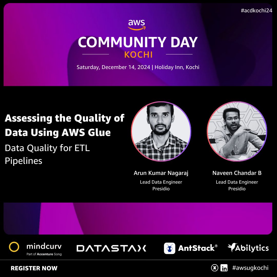 Excited to have <a href="/aruun1995/">arun kumar</a>  &amp; Naveen B from <a href="/Presidio/">Presidio</a>  with us! 

Join their session on Assessing Data Quality in ETL Pipelines with AWS Glue to explore tools for data validation, automated profiling, and anomaly detection.

communityday.awsugkochi.in

#aws #awscloud #acdkochi24